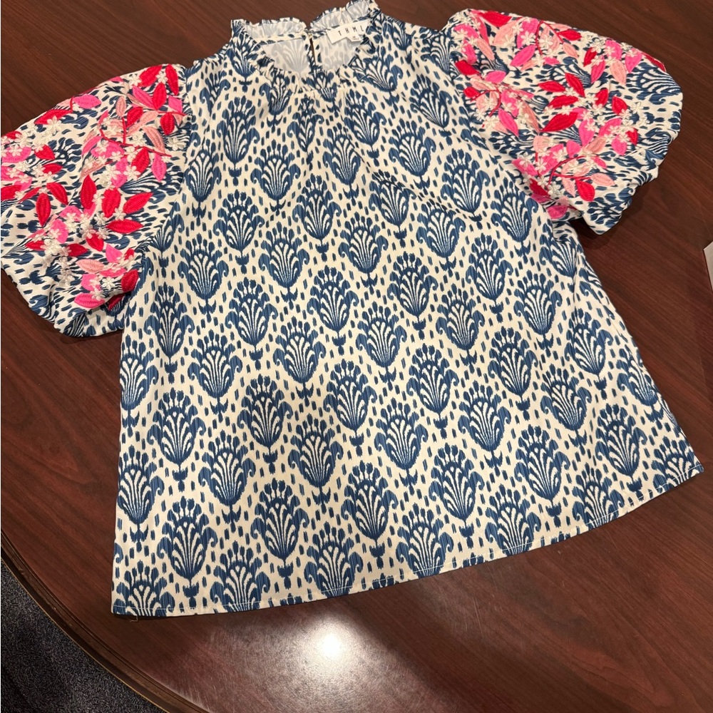 THML Blue and Pink Damask Blouse with puff Sleeves